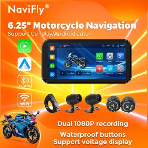 NaviFly 6.25 인치 무선 Carplay 및 안드로이드 자동 오토바이 IPX7 BT 헬멧 네비게이션 디스플레이 화면 휴대용 DVR TPMS