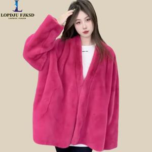여성용 인조 밍크 모피 코트, 커버드 오픈 스티치, V넥 재킷, 두꺼운 따뜻한 여성복, 가을과 겨울, 신작, 2024
