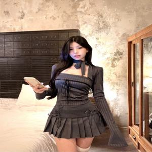 매운 소녀 순수한 욕망 슬림 맞는 짧은 스타일 여성 3 피스 세트 섹시한 튜브 탑 조끼 여름 높은 허리 Pleated 미니 스커트
