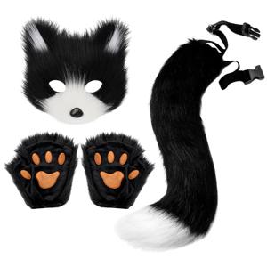 푹신한 모피 여우 꼬리 키 체인 고양이 발 장갑과 늑대 Therian 마스크 할로윈 코스프레 의상 액세서리 마스크 세트에 대한 설정