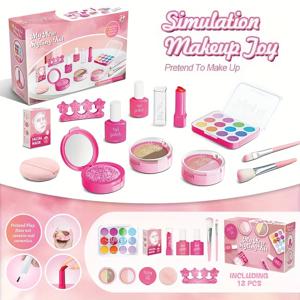 컬러 팔레트, 립스틱, 매니큐어, 공주 메이크업 세트, 생일 장난감 선물이 포함된 12피스 가짜 메이크업 세트 {실제 메이크업 없음}