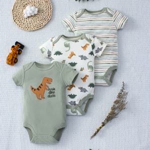 3PCS 여름 아기 Bodysuit 0-9 개월 된 소년을위한 만화 공룡 패턴과 스트라이프 패턴 버튼 디자인 세트