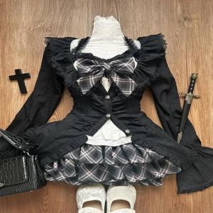 Y2k 고딕 스위트 3 피스 세트 가을 캐주얼 긴 소매 카디건 + 슬림 레이스 보우 조끼 + 격자 무늬 미니 케이크 스커트 여성 의상 New