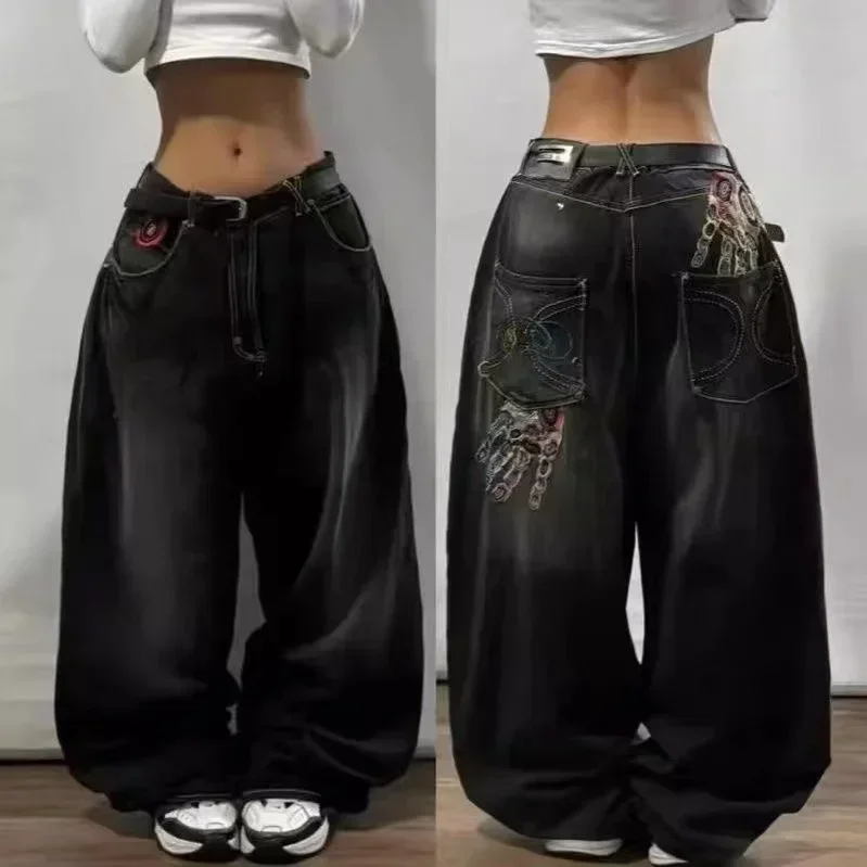 아메리칸 레트로 Cleanfit 패션 프린트 헐렁한 청바지 여성 Y2K 인기 캐주얼 조커 고딕 하이 웨이스트 와이드 레그 팬츠 스트리트웨어