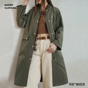 Maden 레트로 올리브 그린 중간 길이 트렌치 코트, 플랩 포켓 포함, 루즈핏 다용도 스플라이스 코트, 용수철 가을