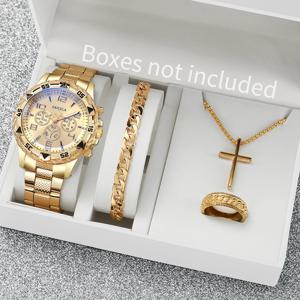 남성용 캐쥬얼 시계, 골드 스틸 밴드, 아날로그 쿼츠 시계, 쥬얼리 세트, 박스 없음, 4PCs/세트