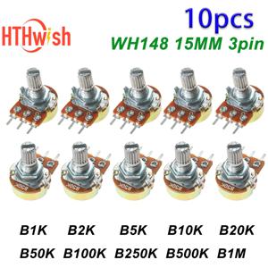 너트 및 와셔 포함 선형 전위차계 키트, WH148, 1K, 2K, 5K, 10K, 20K, 50K, 100K, 250K, 500K, 1M, 15mm, 3 핀, 10 개