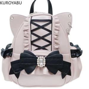 달콤한 일본 레이스 보우 고양이 귀 배낭 학생 여성 로리타 블랙 핑크 귀여운 가죽 숄더 백 Schoolbags Mochilas Mujer