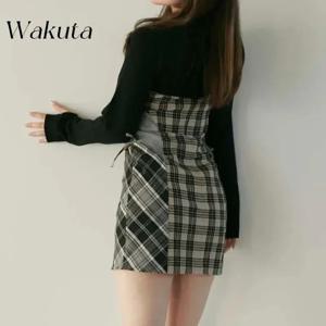 WAKUTA 일본 틈새 복고풍 격자 무늬 접합 투피스 드레스 여성 긴팔 허리 패키지 힙 스커트 여성 의류 Платье