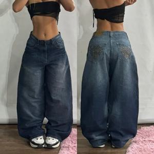 여성용 기하학적 패턴 자수 배기 청바지, 인기있는 캐주얼 와이드 레그 팬츠, Y2K 하라주쿠 빈티지 힙합, 미국 신상 패션