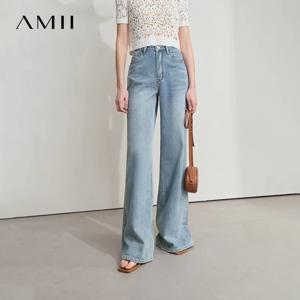 AMII 미니멀리스트 블루 청바지 여성용, 다용도 데님 와이드 레그 팬츠, 로우 웨이스트, 얇은 캐주얼 루즈 팬츠, 2025 여름 신상, 12542121