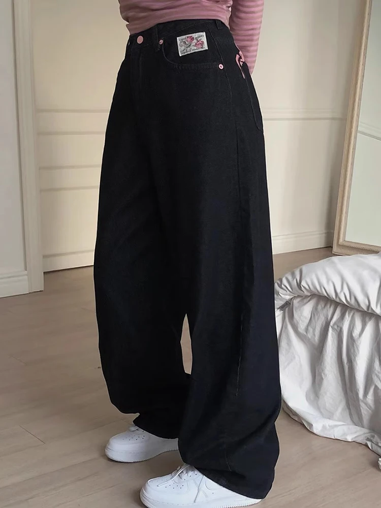 달콤한 멋진 수 놓은 편지 인쇄 높은 허리 넓은 다리 청바지 여성 봄 새로운 스타일 슬리밍 긴 바지 캐주얼 패션