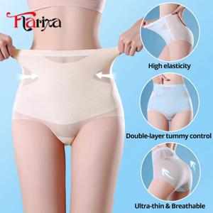 Flarixa 울트라 얇은 얼음 실크 팬티 여성 원활한 높은 허리 팬티 란제리 더블 레이어 배꼽 컨트롤 통기성 속옷