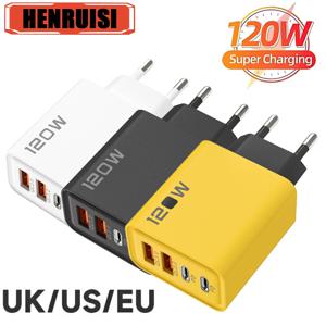 120W USB 고속 충전기 4 포트 PD 빠른 충전 USB 3.0 유형 C Xiaomi iPhone 16 15 Pro Max 벽 어댑터 용 EU 미국 영국 플러그 충전기