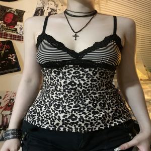 Rockmore Leopard Print Camisole Coquette 레이스 프릴 v 넥 크롭 탑 여성용 섹시한 백 레스 Y2K 빈티지 스트라이프 패치 워크 조끼