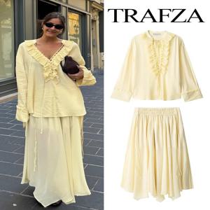 TRAFZA 여성 우아한 스커트 정장 솔리드 긴 소매 레이스 루즈 셔츠 + 지퍼 플리츠 풀 로프 장식 캐주얼 롱 스커트 세트
