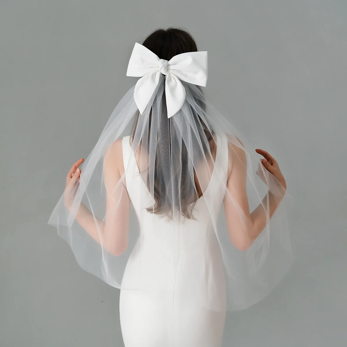 1pcs 우아한 신부 웨딩 머리 장식 아이보리 화이트 헤드 피스 활 짧은 베일 다시 머리 장식 헤어 액세서리