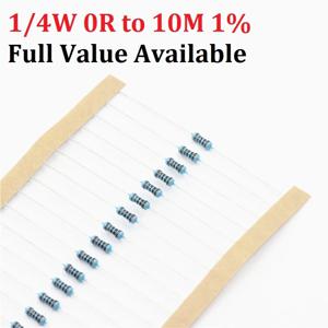 100pcs 1/4W 1R--10M 1% 1K 옴 10K 4.7k 2.2K 100R 220R 470R 1/2/3/4/5/6/7/8/9/0.4.5.6.7/R/K 0.25W 금속 필름 저항기 무료 배송
