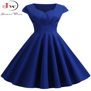 여름 드레스 여성 햅번 빈티지 로커 빌리 핀 업 드레스 가운 Femme 캐주얼 레트로 우아한 파티 미디 Sundress Jurken