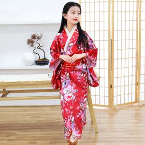 어린이 소녀 빨간 일본 기모노 목욕 가운 가운 인쇄 꽃 성능 의류 유카타 오비 타게 소프트 코스프레 의상
