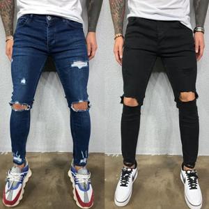 남성 청바지 무릎 구멍 찢어진 스트레치 스키니 데님 바지 솔리드 컬러 블랙 블루 가을 여름 힙합 스타일 슬림 피트 바지 S-4XL