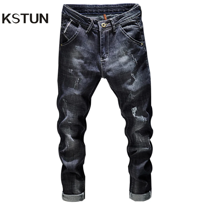 KSTUN 남성용 찢어진 청바지, 다크 블루 스트레치 슬림핏, 고민 스트리트웨어 데님 바지, 캐주얼 레트로 바이커 청바지, 힙합 바지