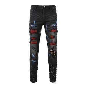 남성용 크리스탈 스트레치 데님 스키니 진 페인트 홀 찢어진 테이퍼드 바지 streetwear 패치 워크 블랙 바지