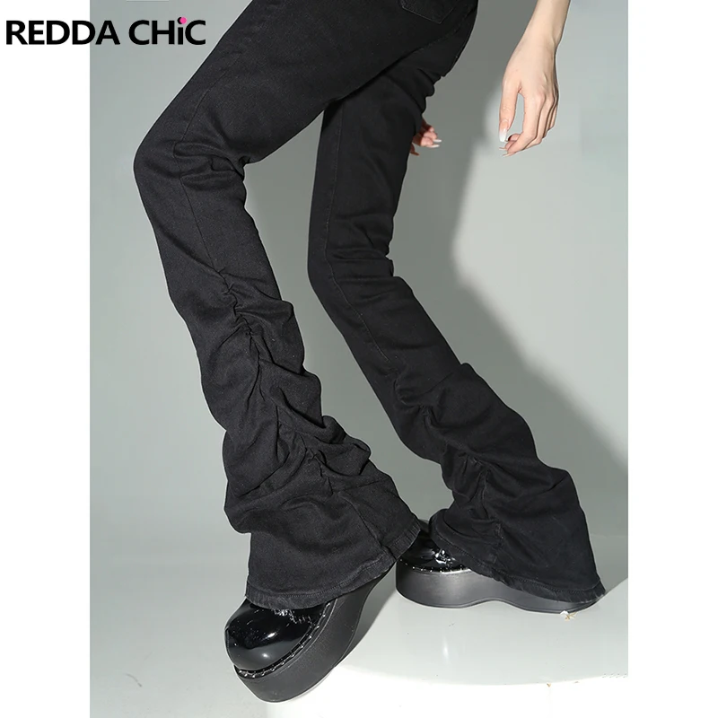 REDDAChiC 쌓인 플레어 청바지 여성 블랙 바지 고스 레트로 솔리드 스트레치 하이 라이즈 부츠 컷 바지 일본 한국어 Y2k 패션