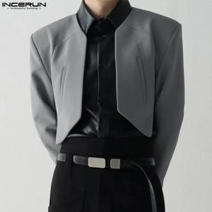 INCERUN 남성 블레이저 오픈 스티치 긴팔 스트리트웨어, 불규칙 얇은 정장, 캐주얼 크롭 코트, S-5XL, 단색 패션, 2023
