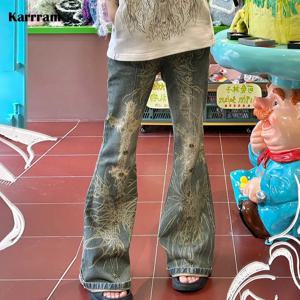 Karrram 그런지 문신 프린트 청바지, 빈티지 디스트레스드 플레어 청바지, 일본 Y2k 레이저 데님 바지, 남자친구 모핑 청바지, 하라주쿠