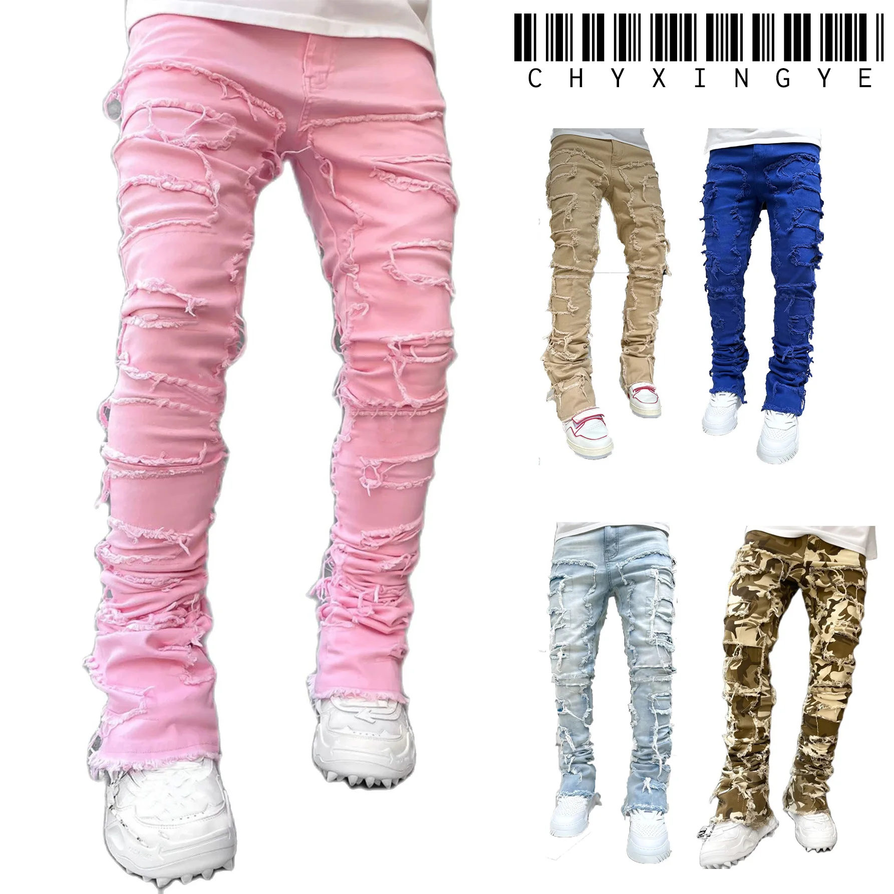 남성용 Streetwise 스트레치 패치 청바지 Bottom Baggy 남성 의류 여름 솔리드 새 패션 중반 허리 패치 워크 긴 바지 남성