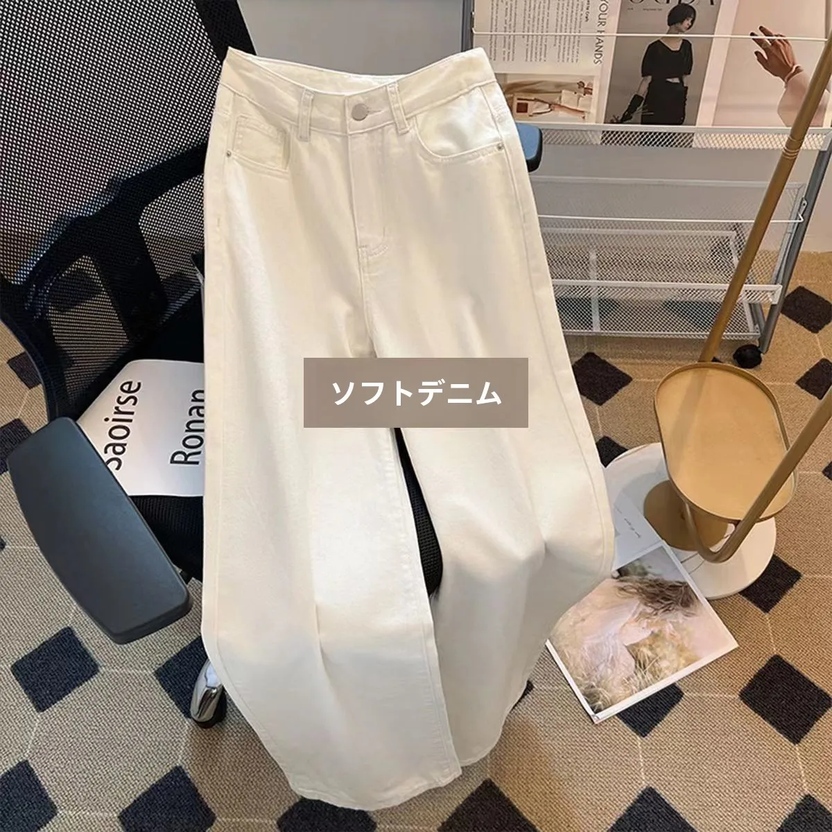 하이웨이스트 와이드 레그 청바지 하얀색 여성용 하이웨이스트 와이드 레그 드레이프 루즈핏 스트레이트 청바지 데님 팬츠