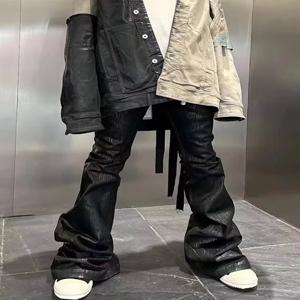 스트리트웨어 블랙 왁스 가죽 Strecth 청바지 남성용 Ropa Hombre Baggy Y2k 플레어 바지 오버 사이즈 스트레이트 데님 바지