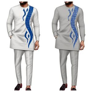 Kaftan 남자 정장 인쇄 탑 바지 아프리카 민족 캐주얼 전통 천 2PCS 정장 복장 웨딩 착용 패션 남성 세트