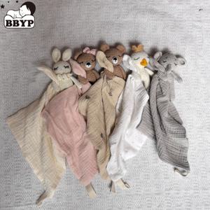 수제 아기 면화 모슬린 편안한 담요 유아 어린이를위한 귀여운 고양이 인형 수면 달래기 수건 토끼 곰 타액 스카프