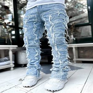 남성용 레귤러 피트 스택 청바지 찢어진 슬림 피트 패치 디스트레스드 파괴 스트레이트 데님 바지 힙합 streetwear 바지 천