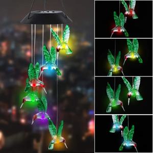 태양열 벌새 바람 종소리, 색상 변경 LED 조명, 야외 정원 장식, 1PC