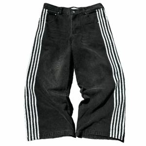 Y2k 하라주쿠 스트리트 디스트레스드 스트라이프 블랙 청바지 여성 한국 패션 캐주얼 스트레이트 바지 클래식 심플 루즈 데님 바지
