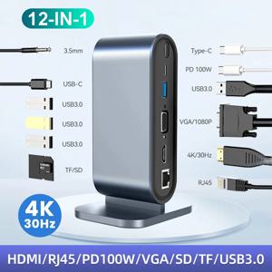 USB C 도킹 스테이션 PD 100W USB C 허브 유형 C-HDMI 호환 어댑터 MacBook 용 4K 30Hz VGA RJ45 USB 3.0 허브 USB 분배기