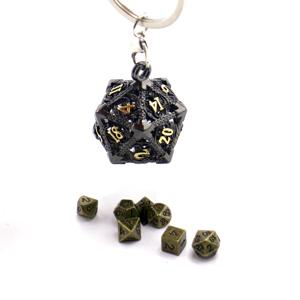 D20 금속 중공 상자 + 7pcs 금속 주사위 세트, 휴대용 보드 게임 주사위 미니 키트, 어둠 Bloodstains 스타일 주사위 펜던트