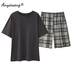 남성용 새 여름 가짜 면화 잠옷 반팔 반바지 남성 잠옷 빅 사이즈 L-3XL Pijamas Round Collar Loungewar