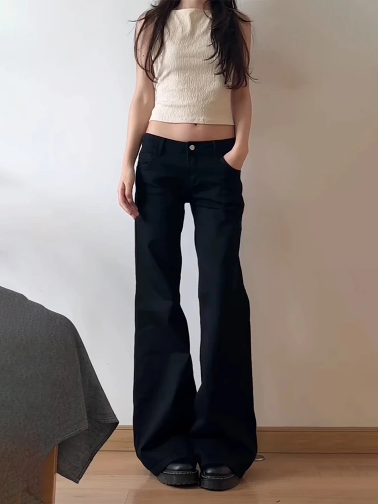 아메리칸 스타일 느슨한 여성의 블랙 로우 허리 와이드 레그 청바지 가을 겨울 새로운 패션 스트레이트 튜브 플레어 바지 캐주얼웨어