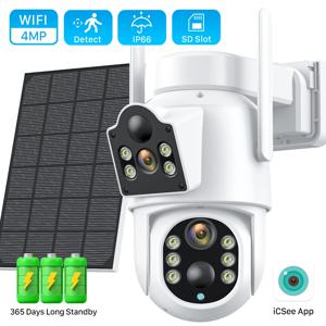 4MP 무선 태양열 카메라 듀얼 렌즈 WiFi PTZ 카메라 야외 내장 배터리 비디오 감시 카메라 장시간 대기 iCsee