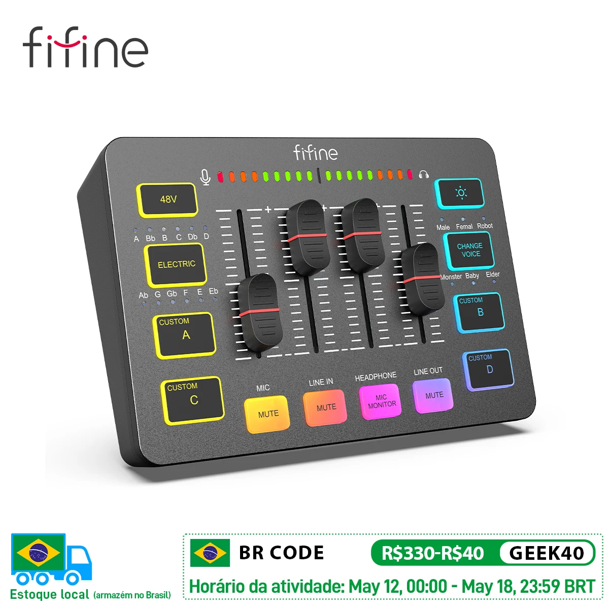 FIFINE USB 게이밍 믹서, XLR 마이크 인터페이스, 48V 팬텀 파워, RGB, 팟캐스팅 스트리밍용 사운드 카드, AmpliGame SC3