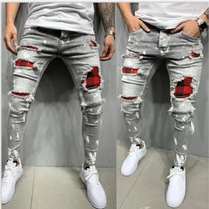 2025 청바지 펜슬 바지 구멍 악세사리 남성 streetwear 데님 패치 워크 중반 허리 슬림 피트 워시 데님 발목 길이 바지