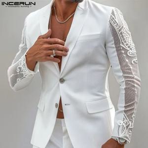INCERUN Tops 2024 아메리칸 스타일 패션 남성 관점 레이스 스플 라이스 디자인 정장 코트 캐주얼 솔리드 긴팔 블레이저 S-5XL