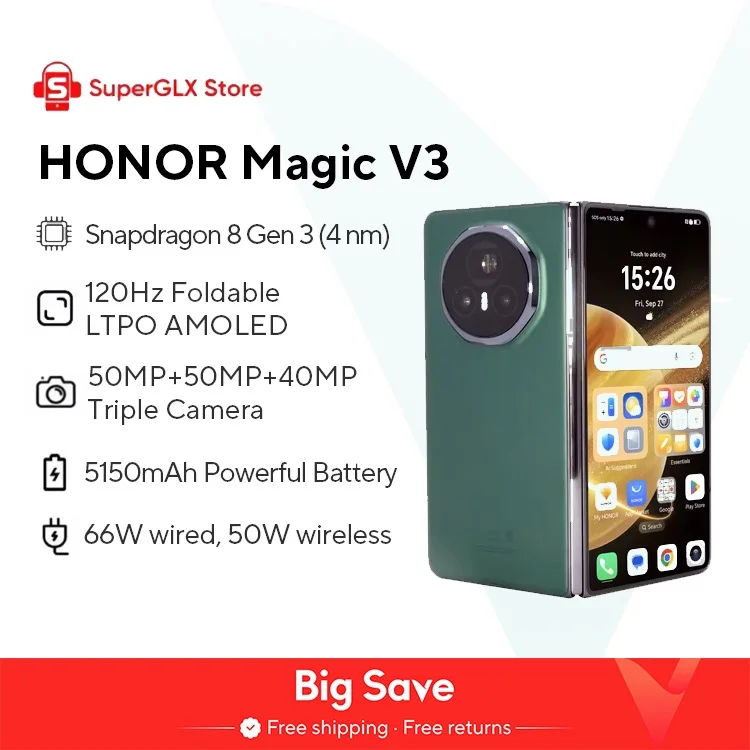 2024 Honor Magic V3 글로벌 버전 5G 접이식 LTPO AMOLED 120Hz 디스플레이, 7.92 인치 50MP 카메라, Snapdragon 8 Gen 3 5150mAh 66W, 신제품