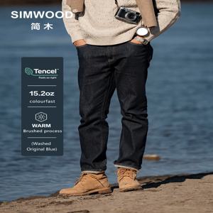 SIMWOOD 2025 가을 겨울 뉴 레귤러 피트 15oz Fadeless Jeans 남성 편안한 브러시 프로세스 라이너 헤비급 데님 바지