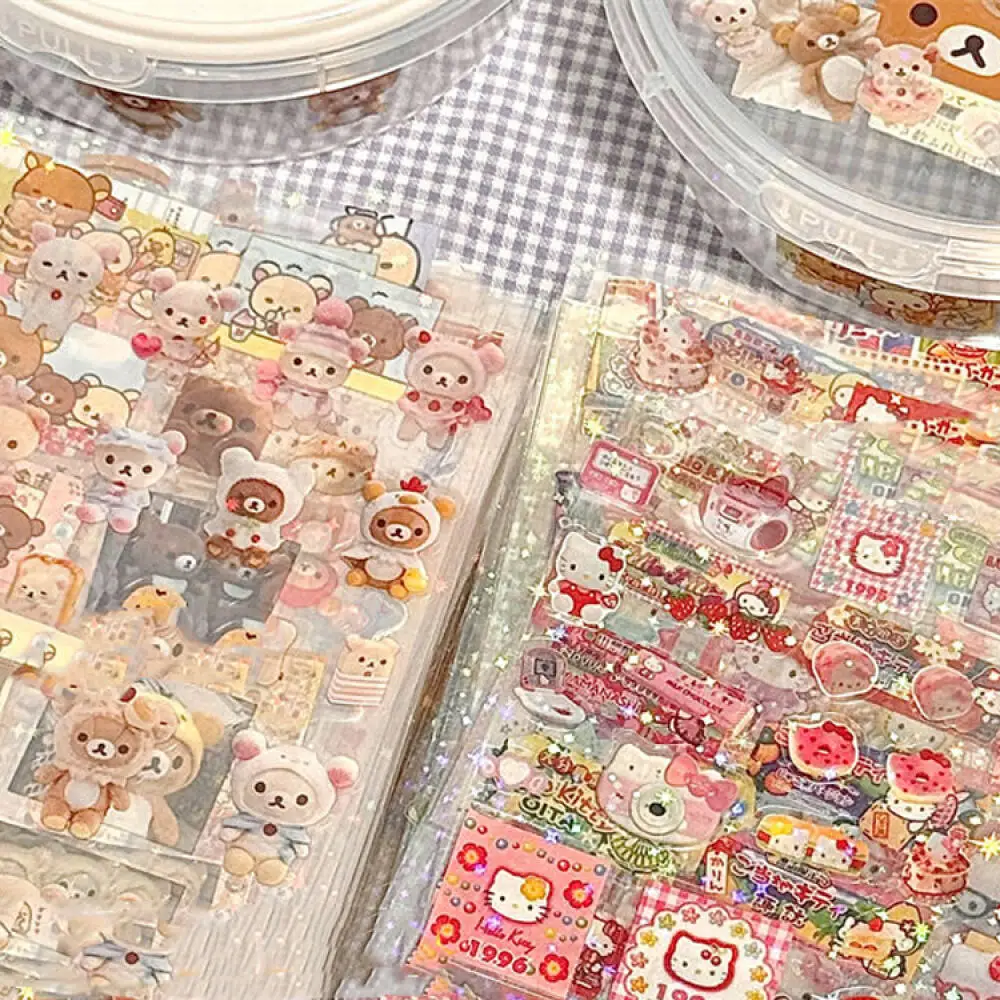 5pcs 헬로 키티 리락쿠마 만화 다이 커팅 스티커 귀여운 키티 고양이 깜박이 레이저 스티커 애니메이션 핸드북 재료 스티커
