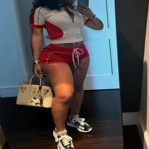 여성 세트 복장 여름 streetwear 패널 두 톤 슬림 스포츠 반팔 반바지 정장 지퍼 자르기 탑 캐주얼 2 두 조각 세트